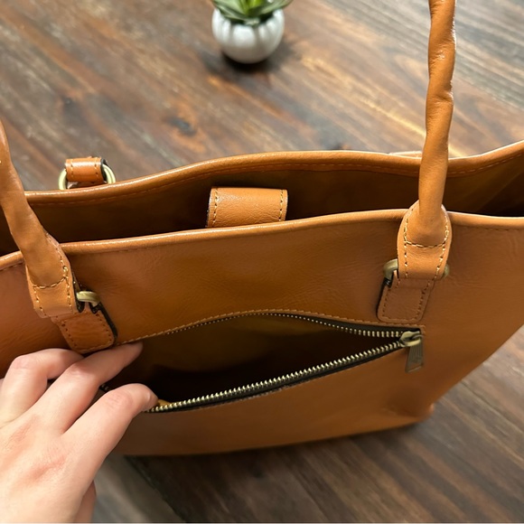 Adeline Cognac Tan Brown Gold Tooled Cutout Leather Satchel shoulder tote bag - Picture 7 of 16